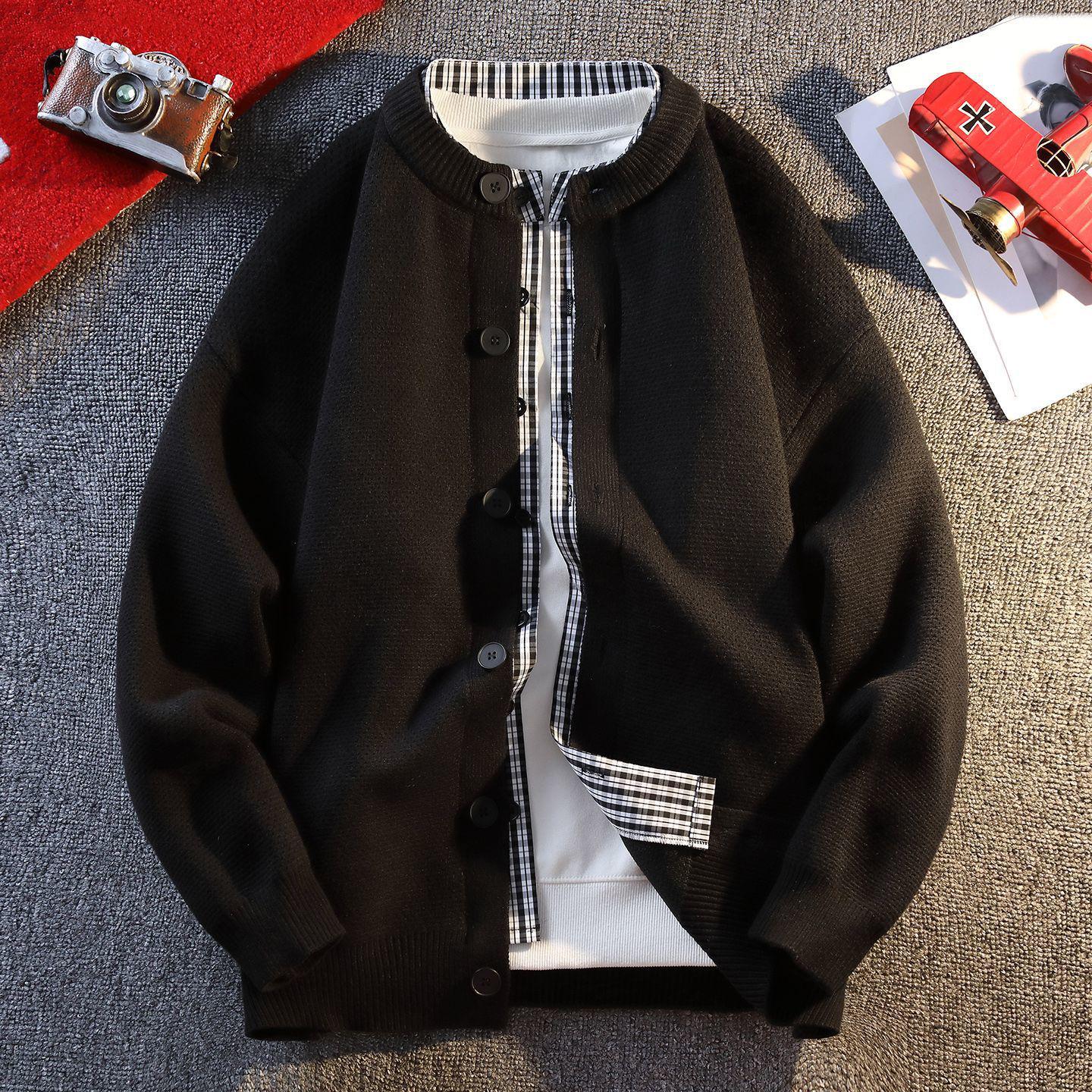 Men s Plaid Patchwork Knit Cardigan - Korean Style Loose Fit Casual AutumnWinter Fashion M suggest 90-110 jin 3898₽