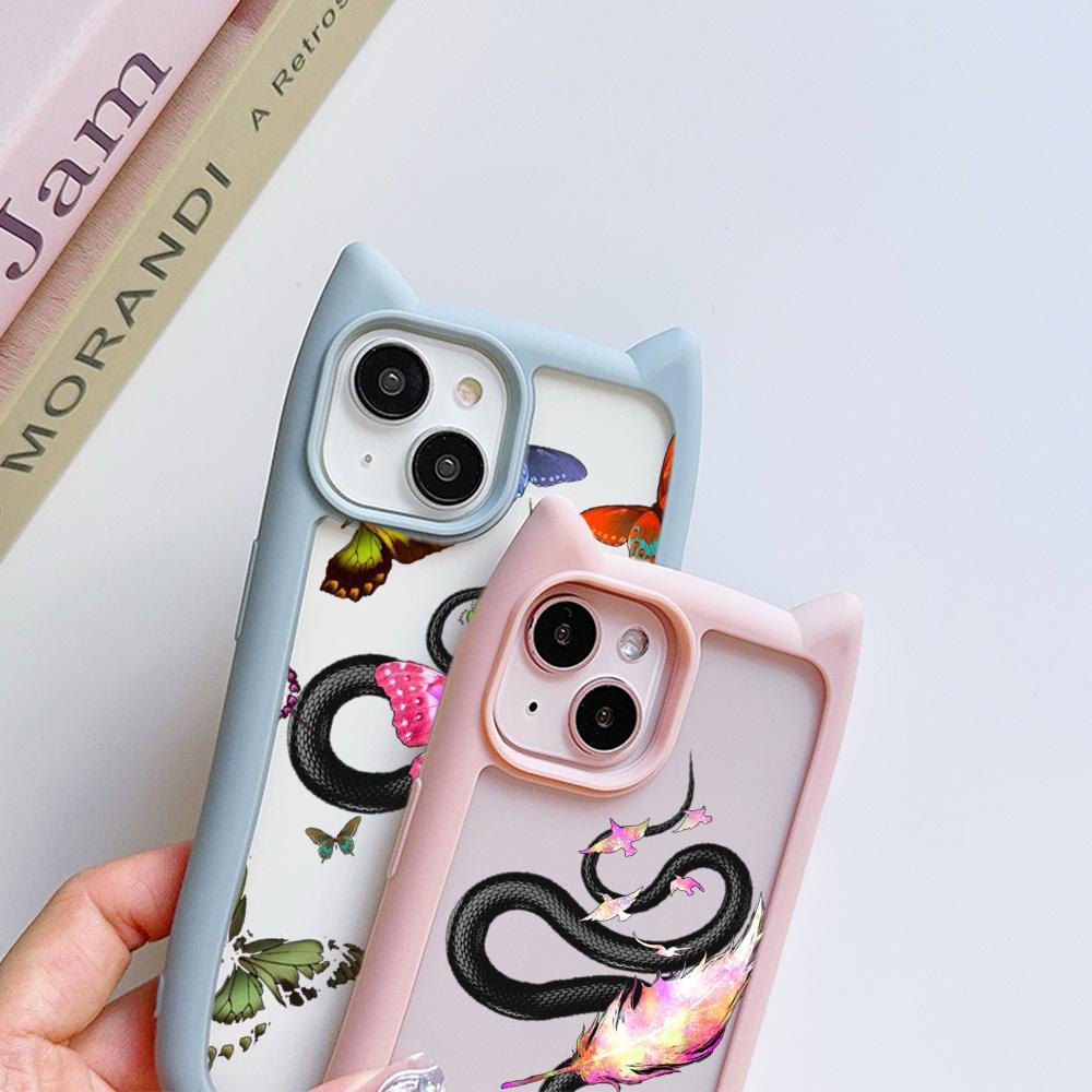 Soft Cat Ear Phone Cases for iPhone 16 15 13 12 11 Pro Max 14 Plus XR TPU Anti-Drop Transparent Acrylic Back Cover N77 Butterfly Black Gold Snake