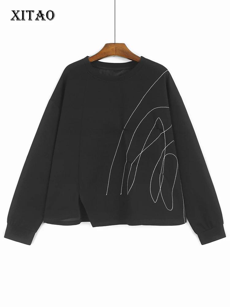 XITAO Irregular Line Pleated Slit Loose Long Sleeved T-shirt GJ1242