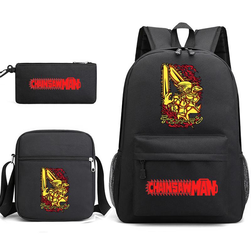 Chainsaw Man Print Student Backpack Set with Crossbody Bag and Pencil Pouch for Boys Girls Daily Use
