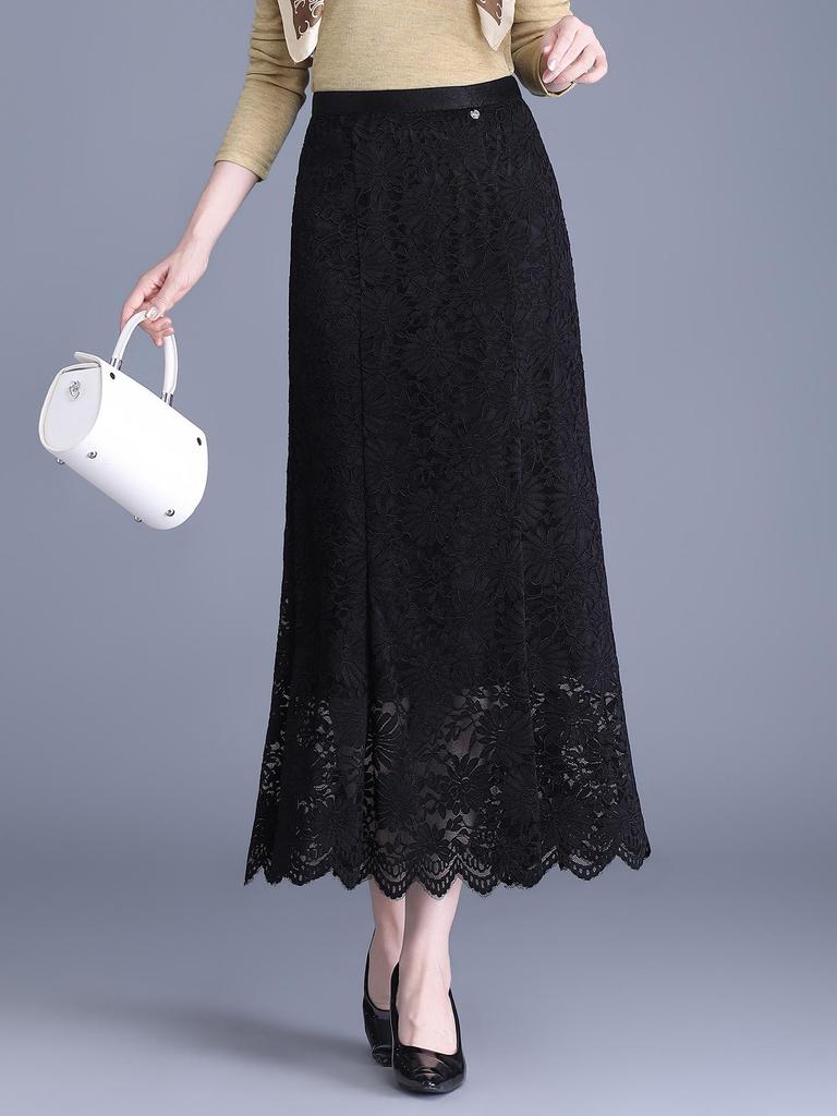 Black Lace Floral Mermaid Midi Skirt - 2026 Spring High-Waist, Slimming, Hip-Hugging Design