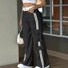 Ladies' Fashionable Side Striped Straight Leg Pants With Elastic Waist Pocket, Casual Sports Pants