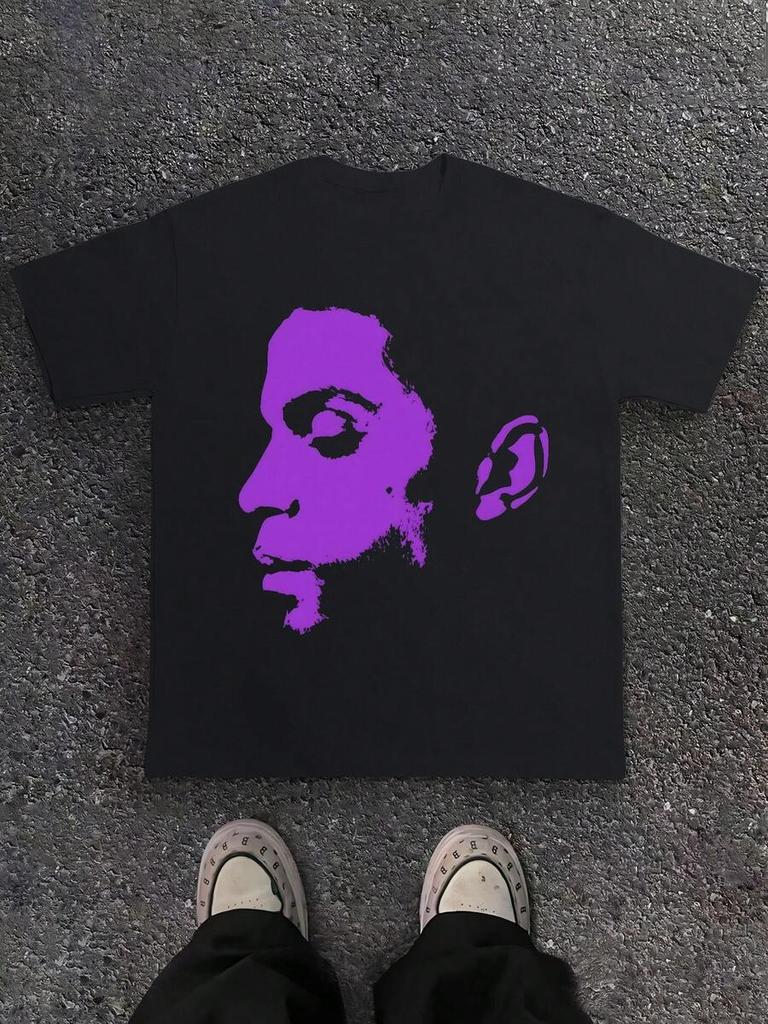Handsome Men S Side Face Printed Casual Crew Neck T-Shirt For Unisex