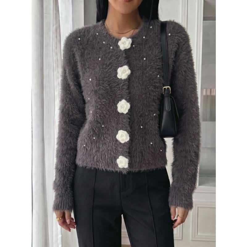 TIFICY Women's Fashion Casual Fall Winter Flower Pattern Print Long Sleeve O-Neck Sweaters