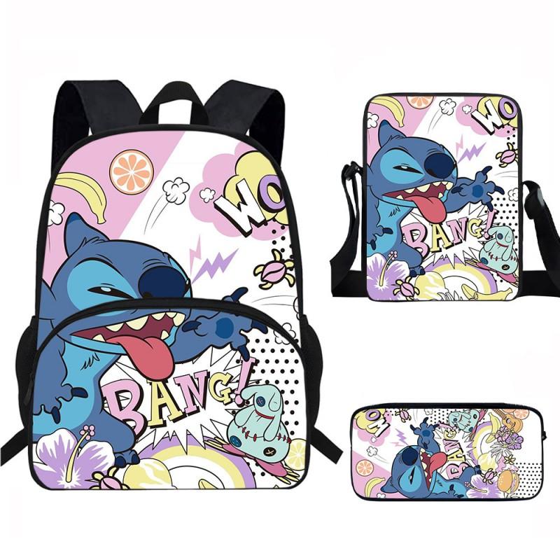 Stitch Kids School Backpack Set Elementary Students Oxford Fabric Ergonomic Design Printed Cartoon 3-Piece Bundle