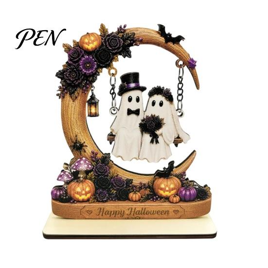 Novelty Ghost Swing Crafts Halloween Moon Figurine, Reading On with Floral Natural Wood Spooky Decor Pumpkin Accents, Wooden Bookshelf for Desk Mantel