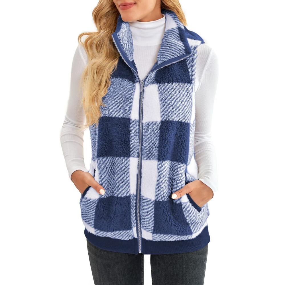 Women's Stand Collar Sleeveless Plaid Fleece Vest Loose Fit Casual Zip Up Gilet Outerwear