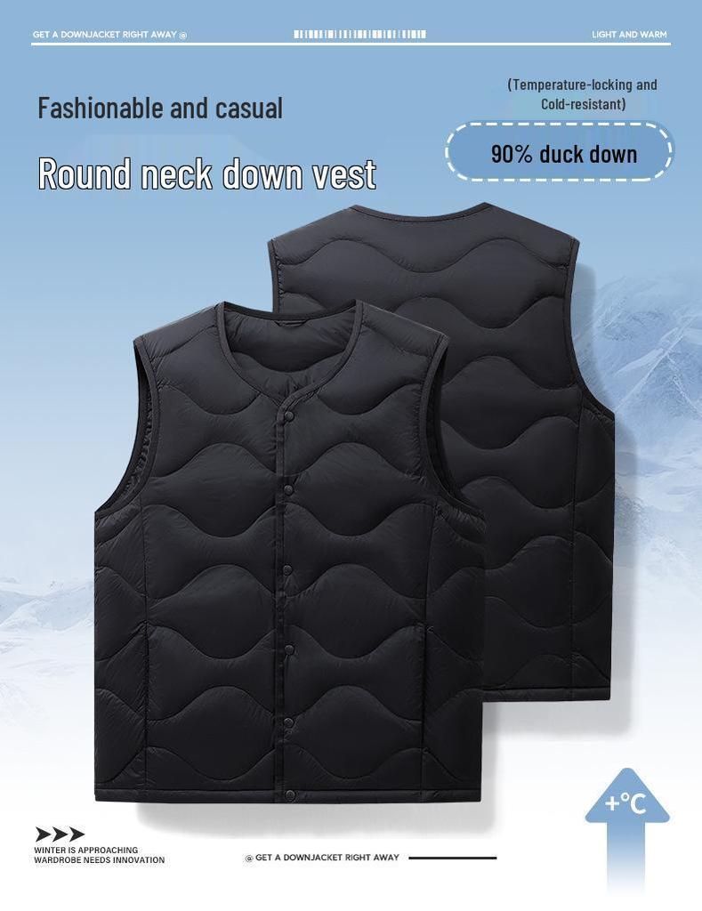 High-Quality Round Neck Wave Pattern Down Vest - 90% Down, Two-Way Style, Inspired by Major Outdoor Brands
