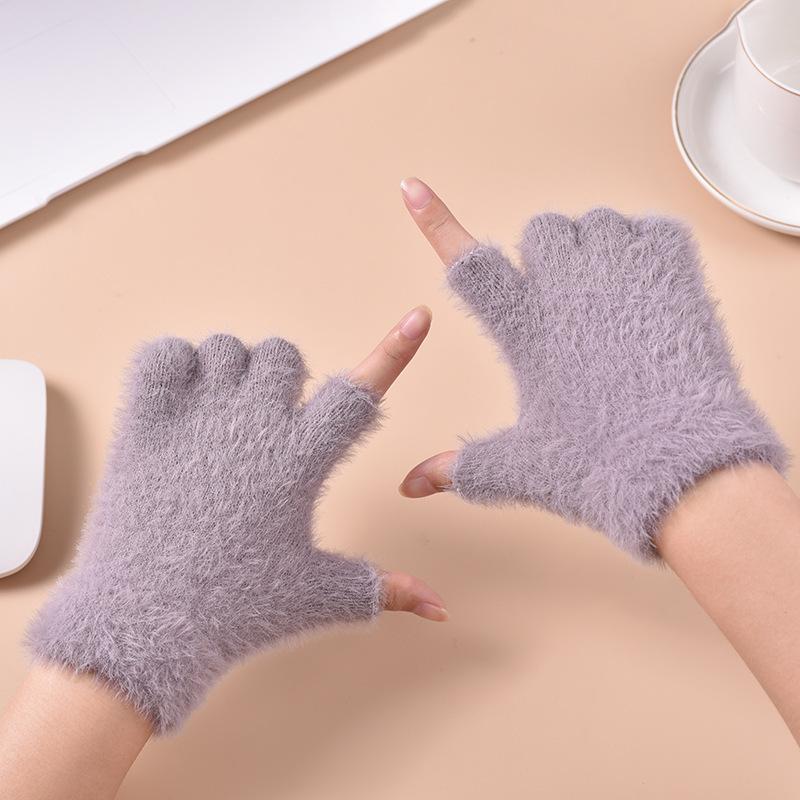 

Autumn and Winter Imitation Mink Fur Fingerless Gloves for Men and Women Cycling Plus Velvet Fingerless Warm Gloves Fashionable Student Knitted Gloves average size