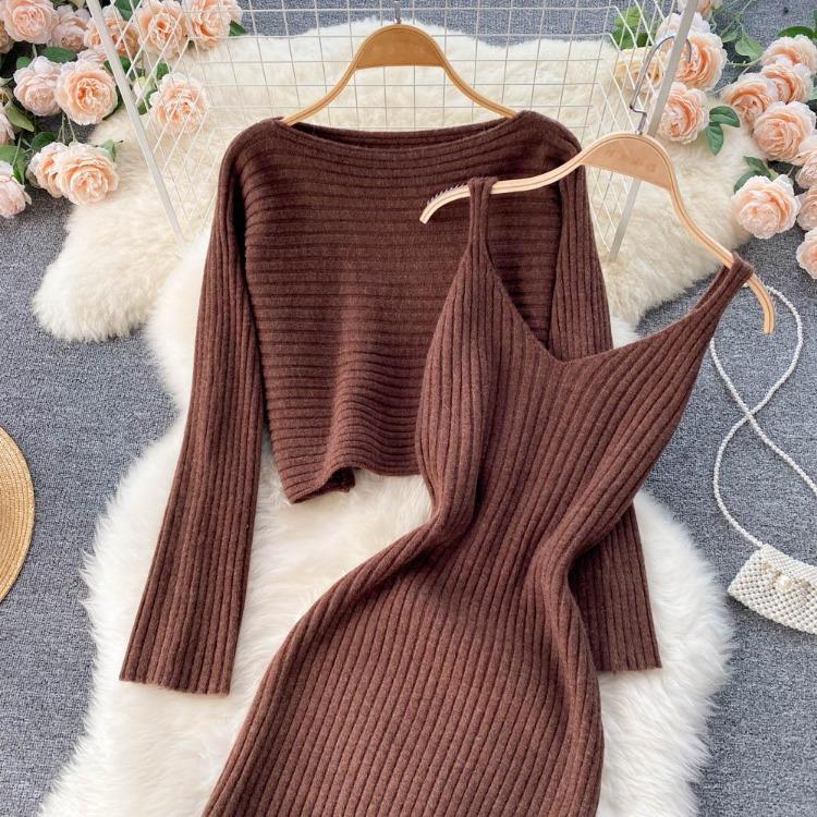 Women Autumn Winter Knit Set Slim Solid Color Two Piece All Match Crop Sweater Hip Dress For Ladies