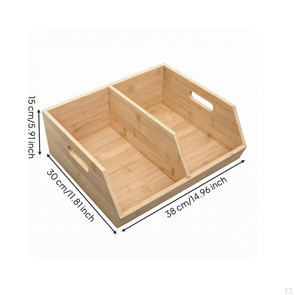 Scatola portaoggetti in bambù con coperchio aperto e divisore, finitura legno, ingombro ridotto, Organizer per dispensa