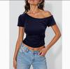 Rippstrick Baumwolle Sommer Off-Shoulder Damen Slim Fit Body Sommer Kurzarm T-Shirt Damen Sexy Basic T-Shirts Koreanischer Chic
