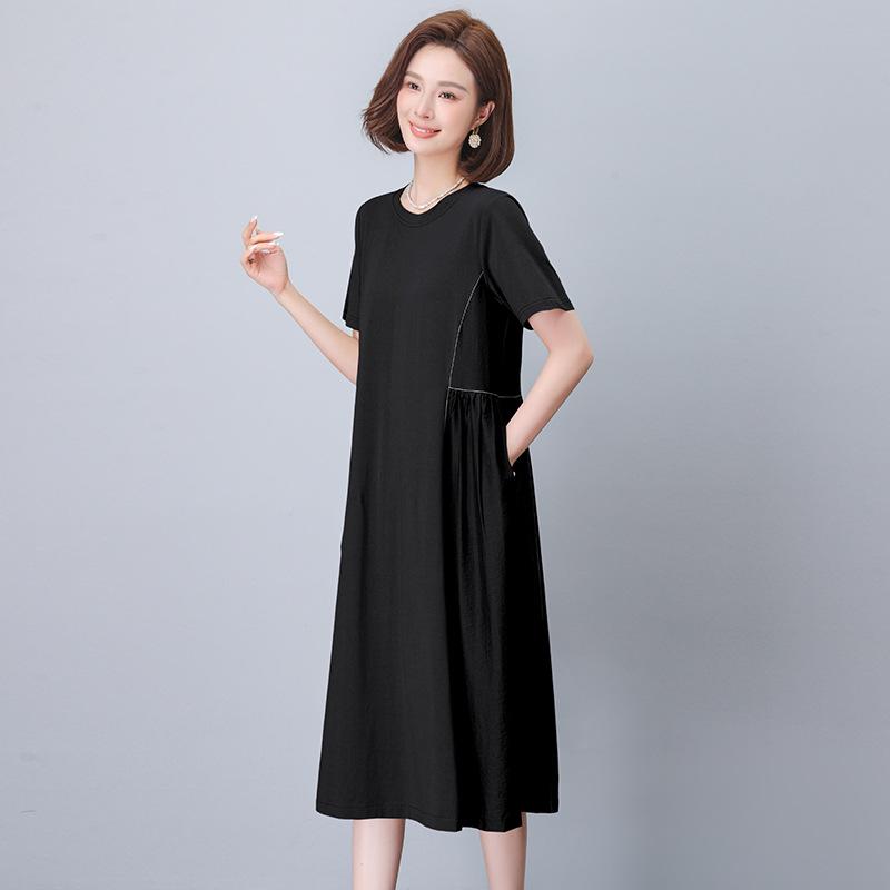 Women's Summer 2025 Pure Cotton Short Sleeve Dress - Loose Fit, Plus Size, Belly-Slimming, Casual for Middle-Aged Moms