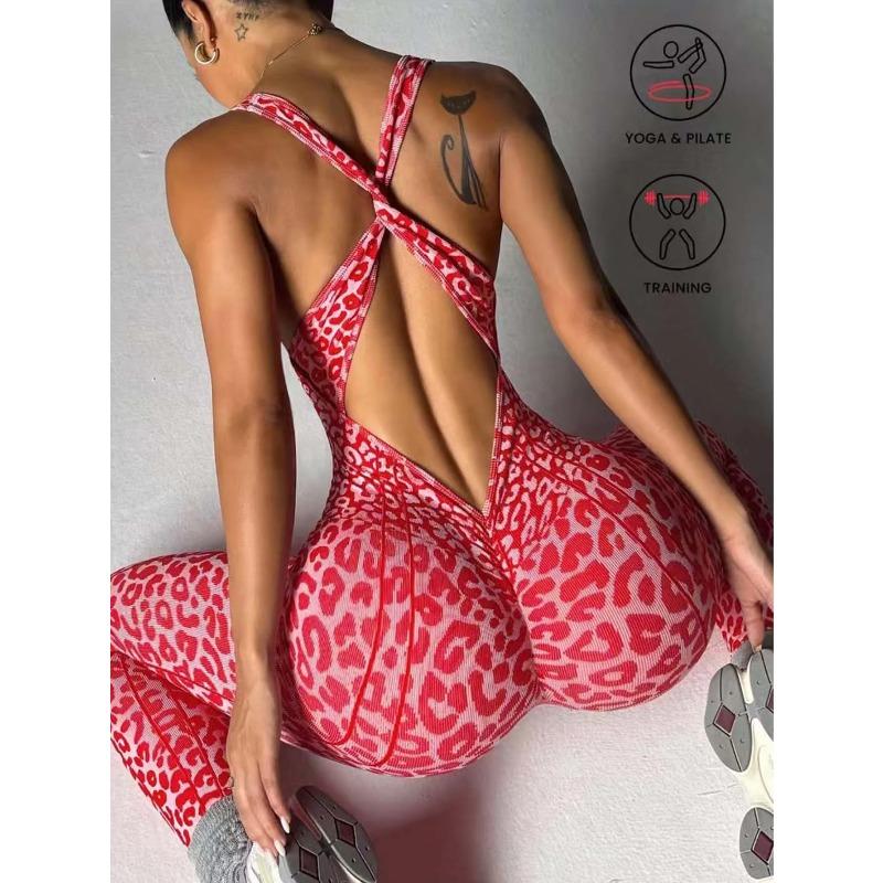 Women Seamless Leopard Print Cross Back Jumpsuit Butt Lifting Yoga Bodysuit High Elastic Workout Fitness Athletic Catsuit