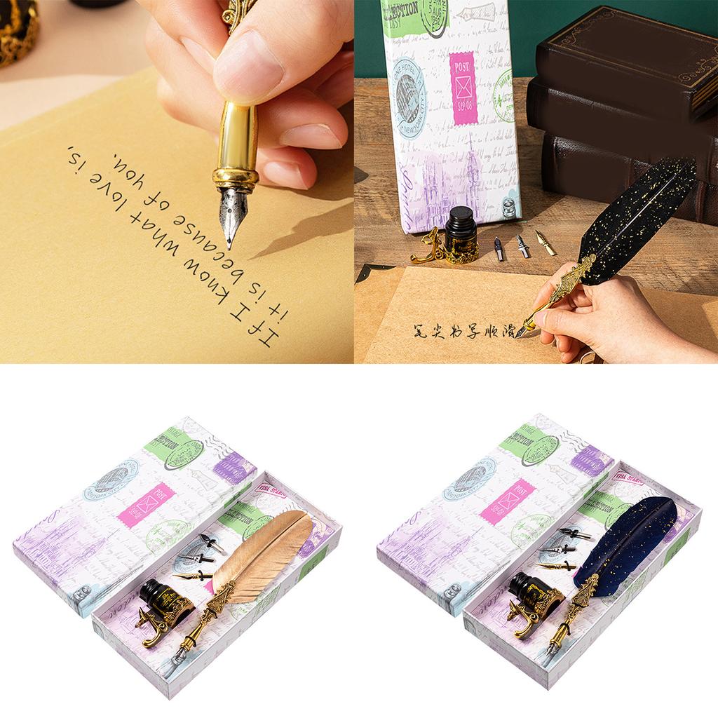 Feather Dip Pen with Pen Nib and Ink for Gothic Calligraphy Vintage Quill Pen Calligraphy Pen Beginner Calligraphy Gift