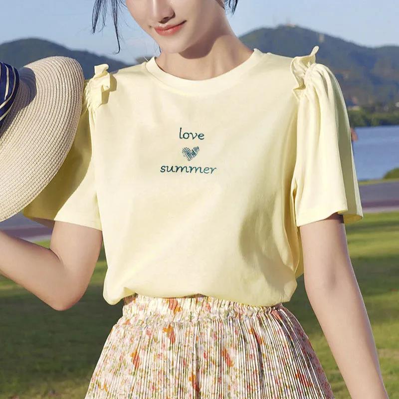 

Женская летняя свободная футболка с коротким рукавом и круглым вырезом с вышивкой S жёлтый