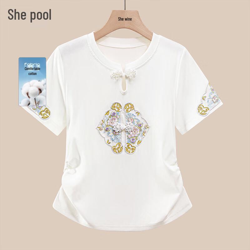 She Pool Women s New Chinese Style Embroidered Slim T-Shirt XL