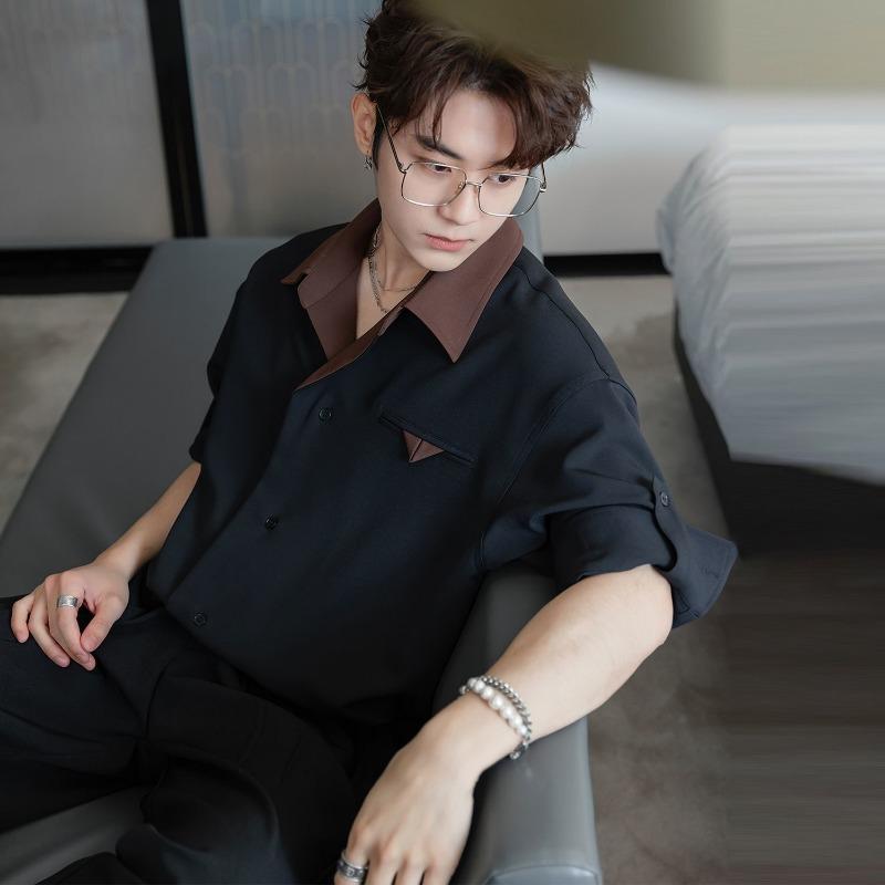 

Men Brown Contrast Collar Roll Up Sleeve Button Down Oversized Shirt S чёрный