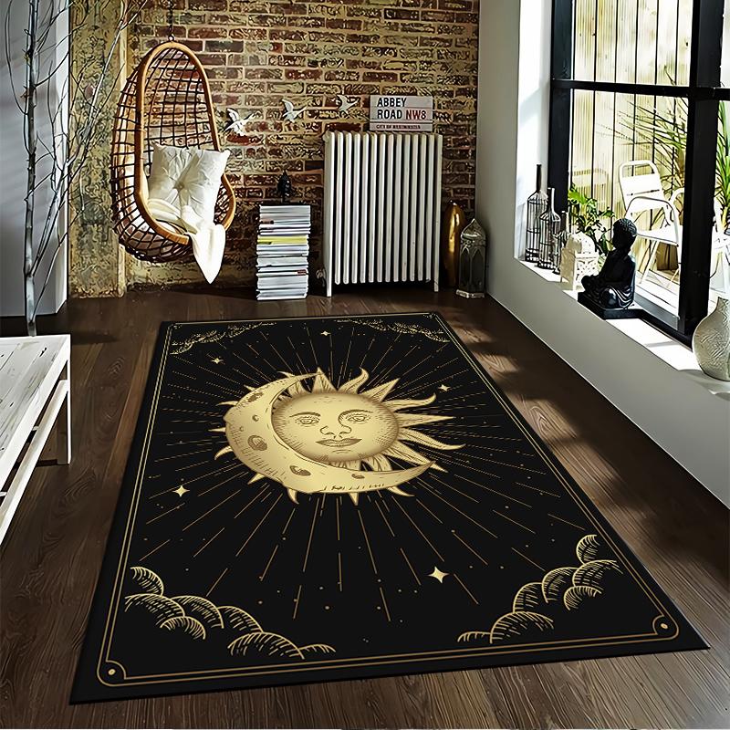 Gold Moon and Sun Pattern Rug, Dreamy Style Suitable for Use As an Anti-slip Game Mat for Living Room and Bedroom Sofas
