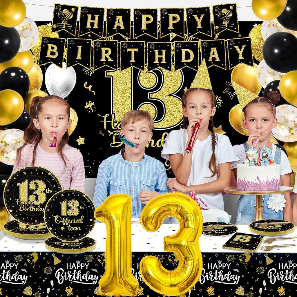 145 Pcs 13th Birthday Party Supplies Set for 24 Guests Official Teenager 13th Party Decorations Kit Plates Backdrop Tablecloth Balloons Banner for