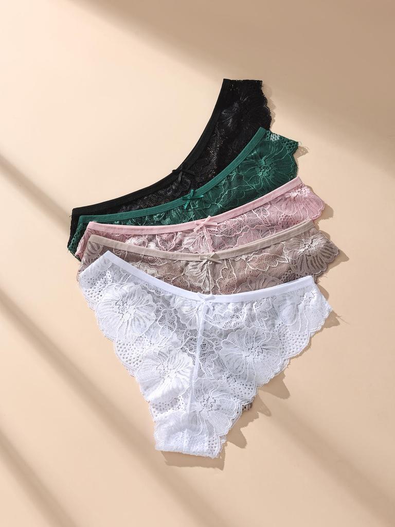 5PCS Women Floral Lace Panties Sexy Perspective Underwear Low Waist Solid Underpants Breathable Intimates Female Lingerie M-XL