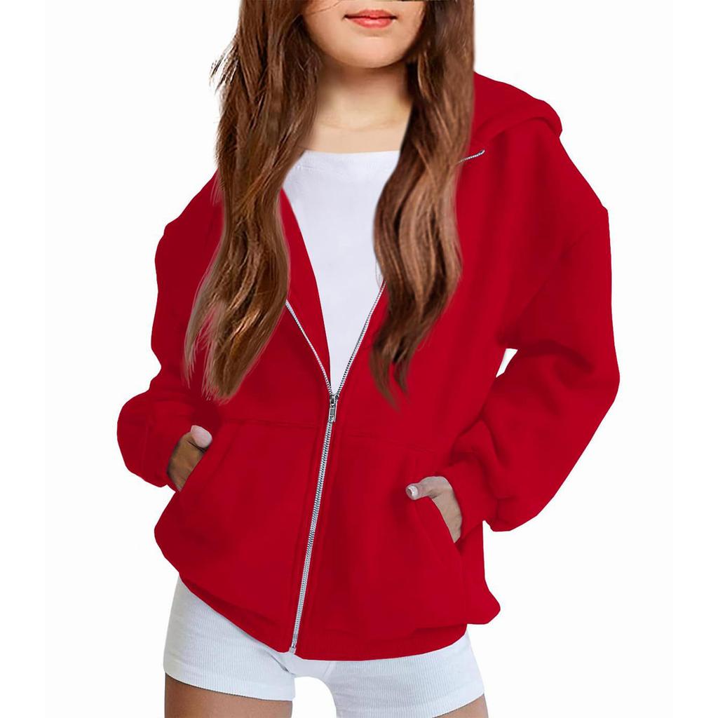 Children's Relaxed-Fit Zipper Hooded Sweatshirt Jacket Solid Color Hoodie With Pockets