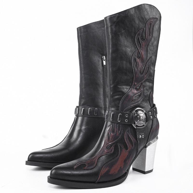 Fashion Women Fashion Trendy Retro Leather Boots Thick Heel Western Denim Boots Punk Black Side Zipper Couple  Mid-tube Boot Botas Mujer