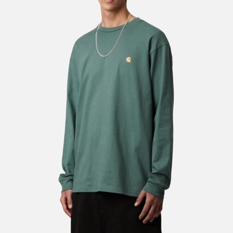 Carhartt WIP Embroidered Pattern Loose Fit Crew Neck Long Sleeve T-Shirt Men Tops Silver-Pine-Green I026392-2N0-XX