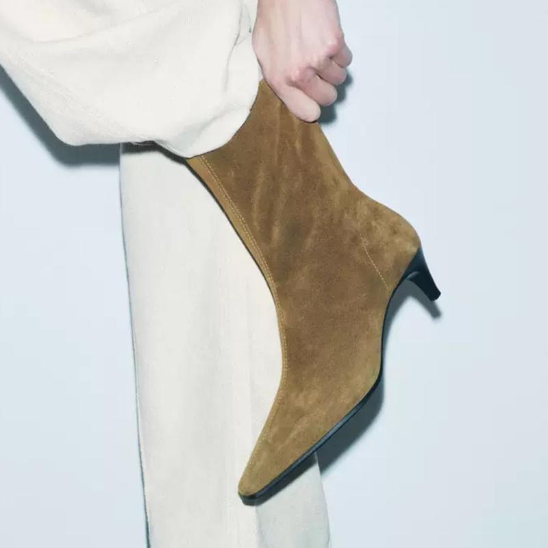 Mode Damskor Naturligt Mockaläder Slip-on Hög Klack Höst Ankelstövlar Fyrkantig Tå Casual Dam Högkvalitativa Stövlar Skor Kvinna