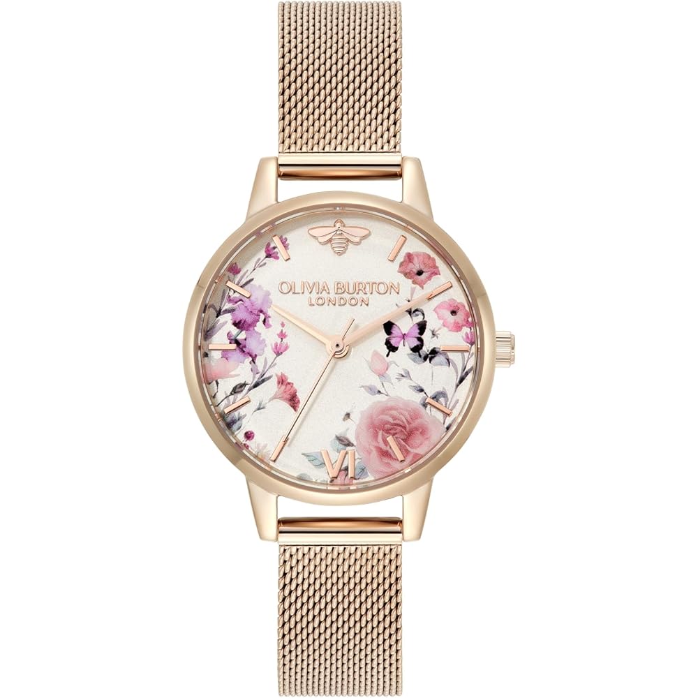 Olivia Burton Signature Illustrated Floral Rose Gold Mesh Watch 30mm Women s