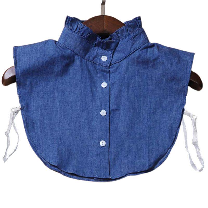 Minimalist Stripes Denim Women Detachable Lapel Fake Collar Cute Doll Ruffles Lace Splicing Button Down False Half Shirt Blouse