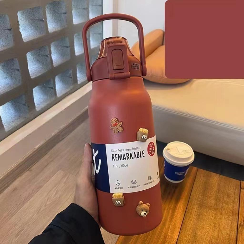 Nerezový sportovní kelímek s brčkem, Velkokapacitní venkovní přenosná nádoba s uchem, Dvouvrstvá vakuová cestovní nádoba