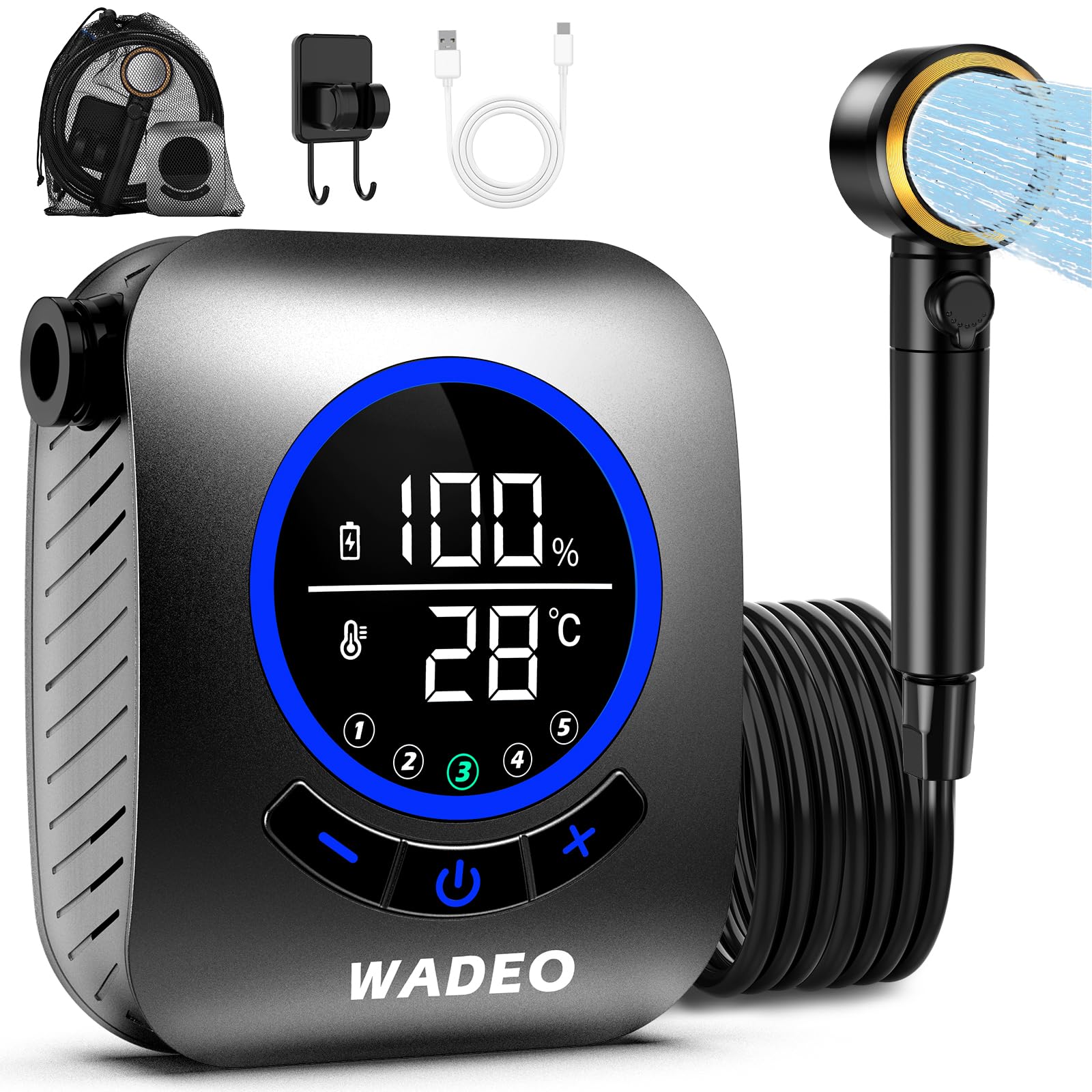 

PAHTTO Portable Shower 8000mAh [2025 Enhanced Version & IPX8 Waterproof] Electric High Capacity Simple 5-Gear Pressure Adjustment Outdoor Portable Com