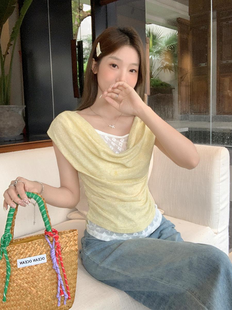 

Sweet swinging collar one-word off-the-shoulder pleated lace fake two-piece short-sleeved t-shirt women s summer new waist temperament top S светло-желтого