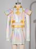 Kids Girls Anime Character Cosplay Outfit Iridescent Gloss Contrast Color Mock Neck Long Sleeve Chest Tassels Decor Back Invisible Crop Top and Matche
