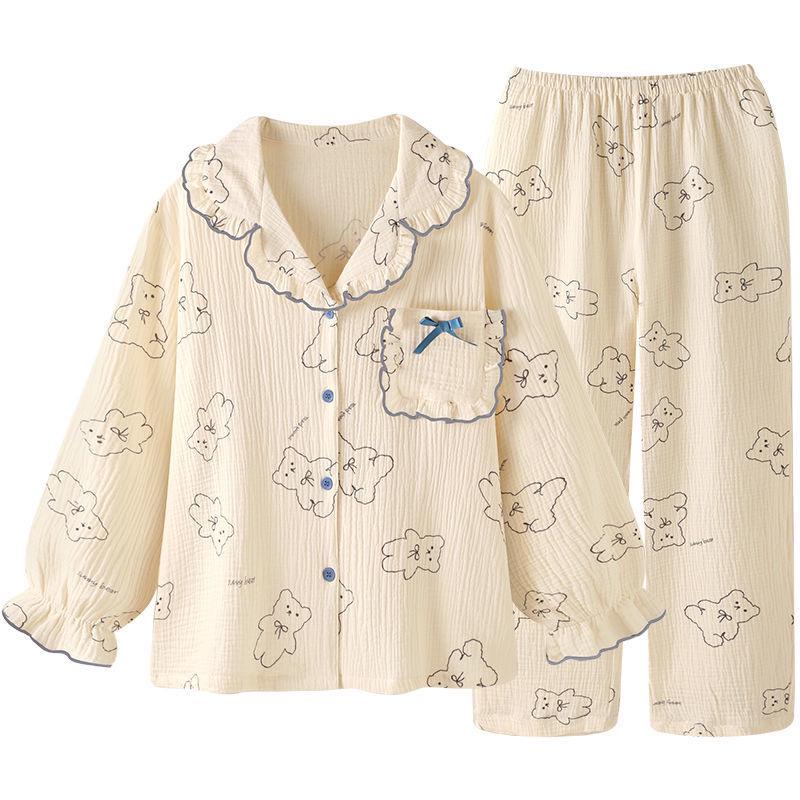 

Женский кружевной пижамный комплект на весну/осень - Кардиган с длинным рукавом и брюки со сладкой деталью в виде пузырьков L