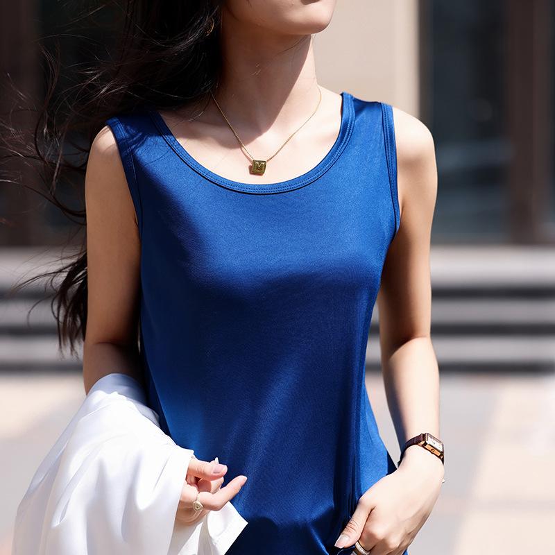 Chaleco de Tirantes con Cuello en U para Mujer Traje Interior Verano Último Diseño Negro Satén de Ácido Acético Sin Mangas Blusa Base Top