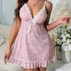 Summer Pink Pajama Sexy Dress Floral Printed Lace for Women Home V-neck with Strap Camisole Nightdress