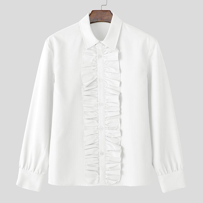 

INCERUN Oversized Men Lapel Neck Long Sleeve Ruffled Casual Elegant Shirts 5XL белый