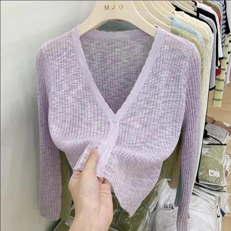 Cardigan sottile in seta di ghiaccio corto bianco da donna manica lunga lavorato a maglia protezione solare slim crop top Kintwear nuova moda semplice casual primavera estate