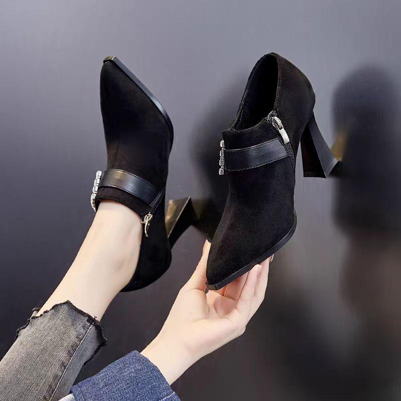 Fashion Spring New Coarse Heel Shoes Women's Pointed Suede Crystal Buckle Side Zipper Anti-slip Wear-resistant High Heels