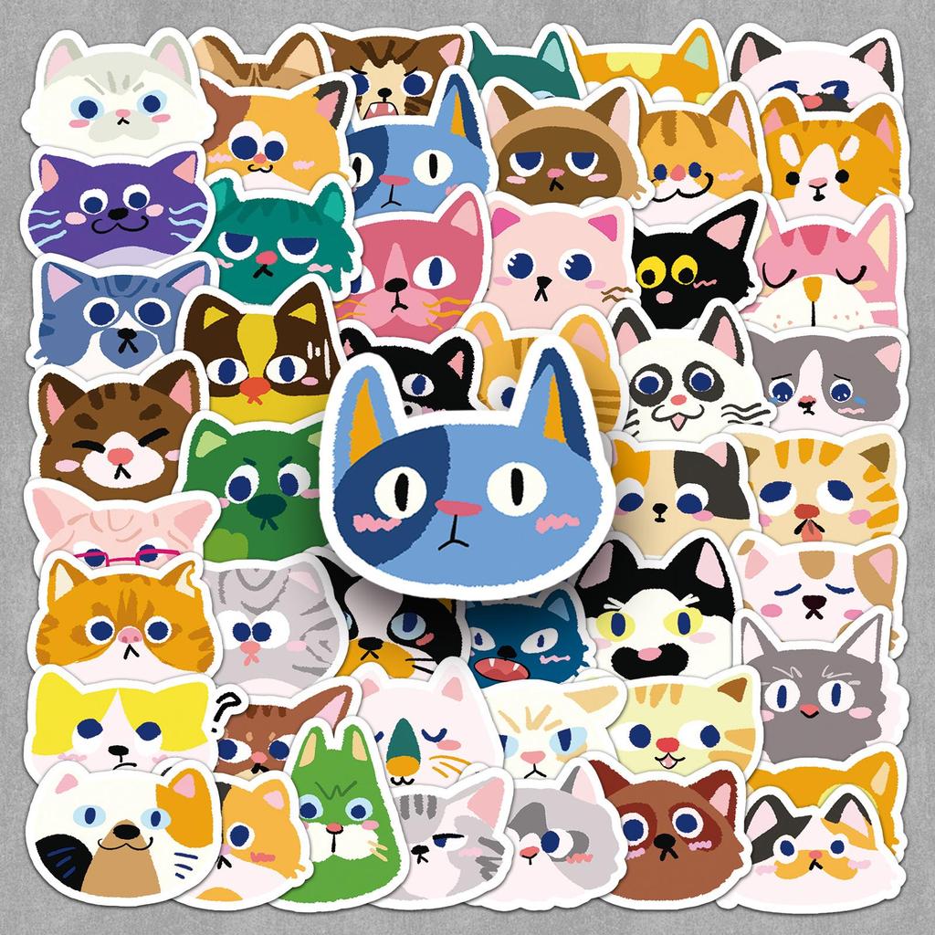 50 Cute Cat Head Cartoon Stickers for Phone, Journal, or Thermos Cup