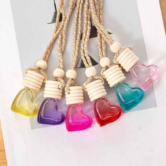 6ML Car Refillable Perfume Bottle Decoration Colorful Love Heart Shape Wood Lid Clear Glass Aromatherapy Essential Oil Empty Bottle Hanging Pendant