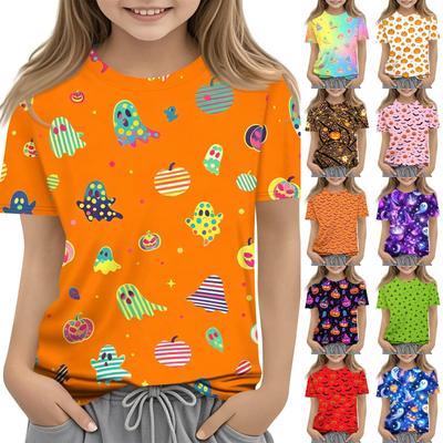 Kids Halloween Printed Short Sleeve T-Shirt - Round Neck Casual Loose Fit Top for Boys Girls