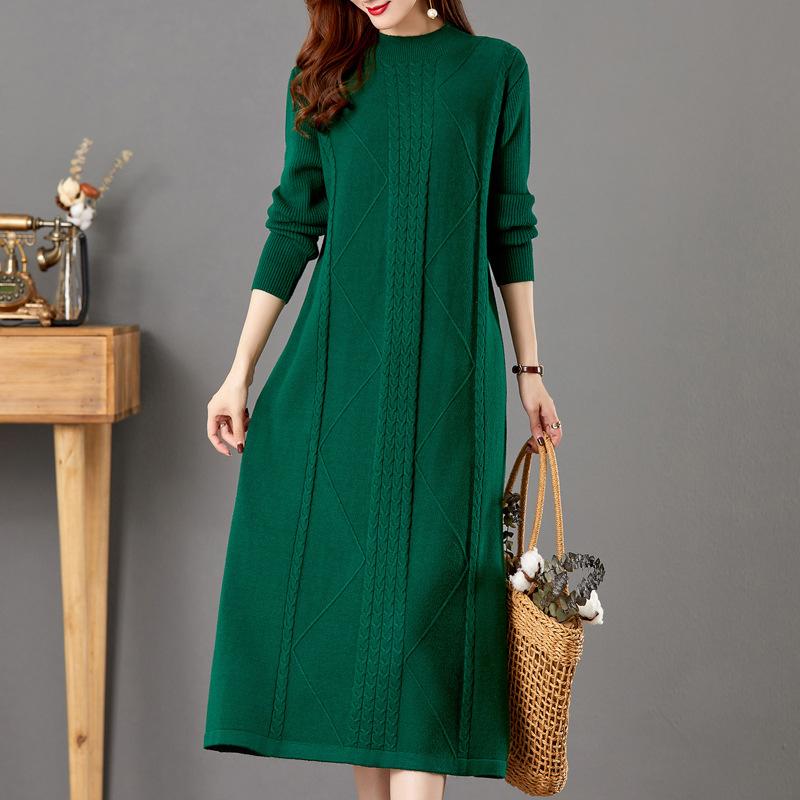 Mom autumn dress large size temperament dress long sweater mid-autumn and winter versatile loose backing skirt thick