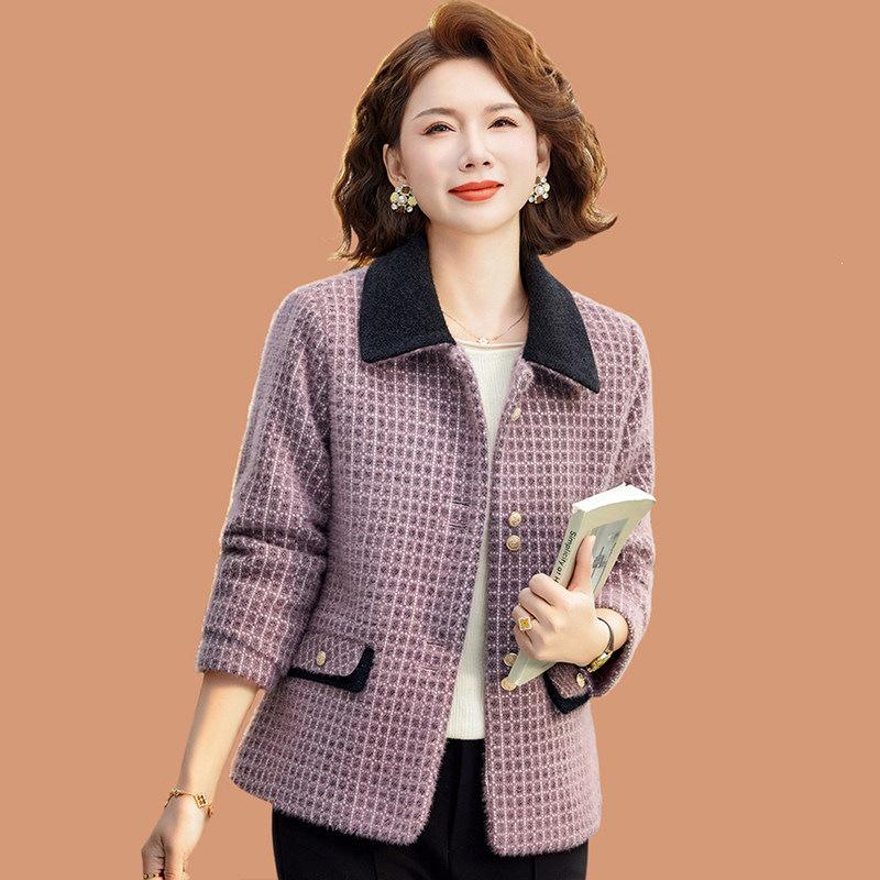 Mid-aged Women s Spring Plaid Woolen Coat - Stylish Lapel Top for Middle-aged & Elderly 5XL (145-160 Jin) мальвовый