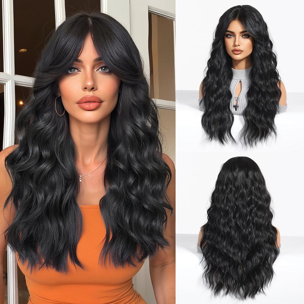BLONDE UNICORN Synthetic Wig PDark Brown Curly Wavy Wigs with Bangs Cosplay Party UseHeat Resistant Fiber for Women Girl