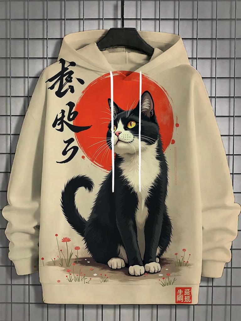 Japanese Samurai Cat Print Men's Hoodies Street Trend Hip Hop Y2k Clothes Fashion Pullover Autumn and Winter Casual Sweatshirts