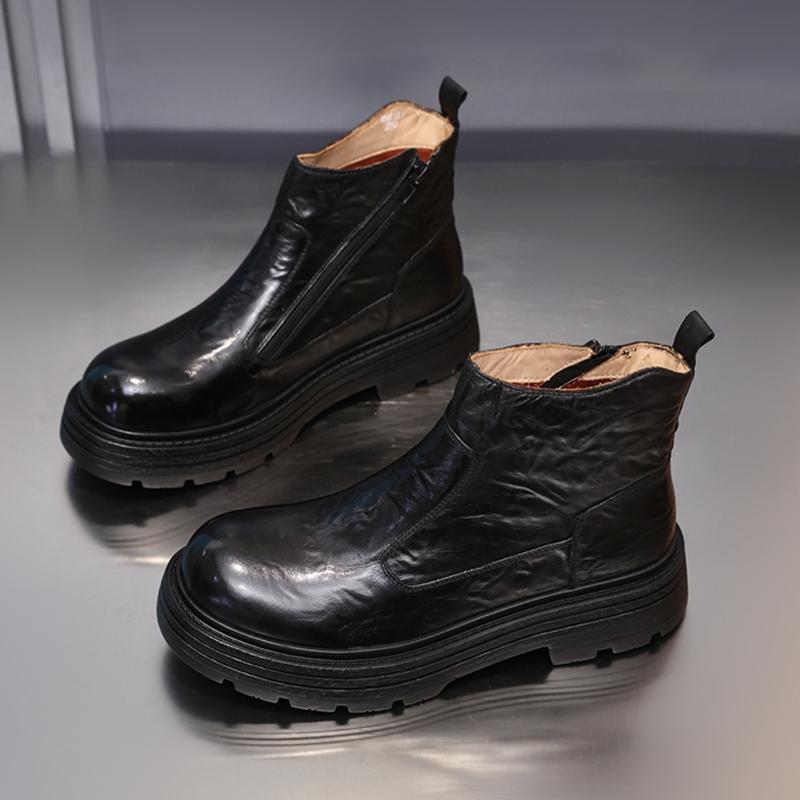 Fashion Golden Sapling New Arrival Men's Motorcycle Boots Winter Genuine Leather Male Streetlish Shoes Non-slip Man Retro Ankle Zip Boot