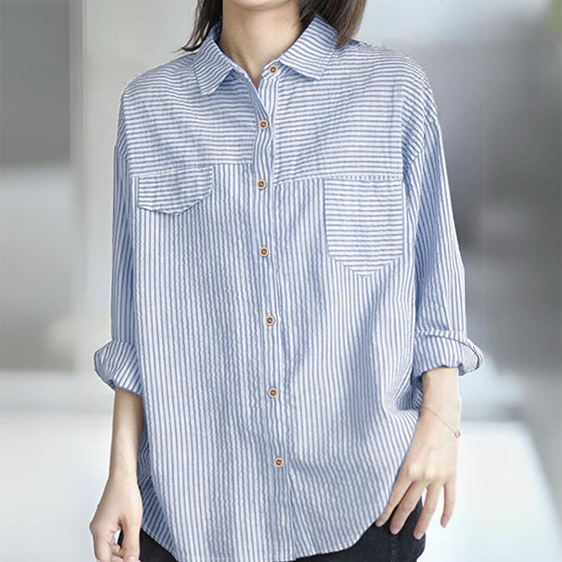 ZANZEA Camicetta da donna casual a maniche lunghe, larga, a righe classiche, con colletto rovesciato